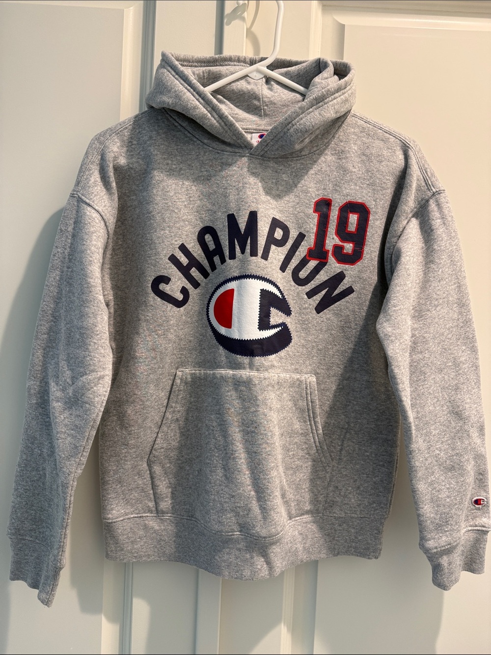 Kids’ Champion Gray Crewneck Hoodie with Navy and Red Logo